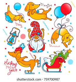 Set of new year characters,  decorations. Santa gnome, dog skating, christmas tree in a sleigh,  funny yellow dog with balloon, handwritten greeting, vintage lamp. Vector Isolated on wight background.