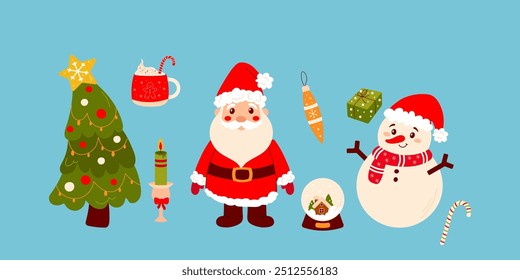 Set of New Year characters on blue background, santa, snowman, Christmas tree. Mascot, vector illustration