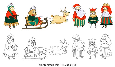 set of new year characters, santa claus, snow maiden, deer, doodle, linear drawing, new year mood, christmas, illustration
