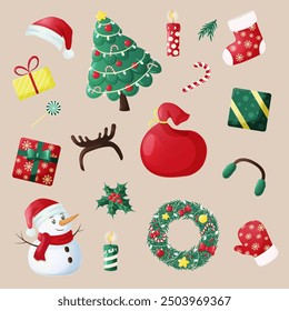 A set of New Year and Christmas accessories. Vector illustration
