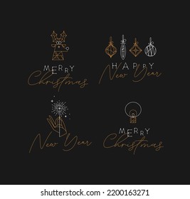 Set of New Year and Christmas art deco labels with lettering drawing in modern vintage line style