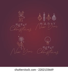 Set of New Year and Christmas art deco labels with lettering drawing in modern vintage line style on red background