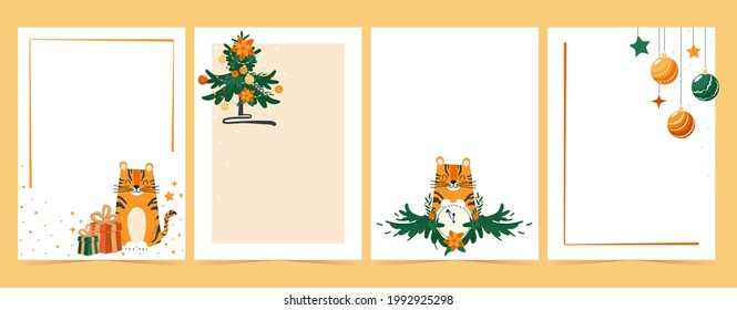 A set of New Year and Christmas backgrounds for children's cards, sheets and to do list. Cartoon tiger and christmas tree with decorations vector illustration collection