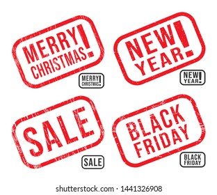 Set of the New Year, Christmas, Black Friday and sale rubber stamps with grunge textures. Vector illustration.