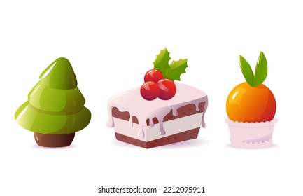 a set of New Year or Christmas cakes in the form of a Christmas tree, holly and tangerine