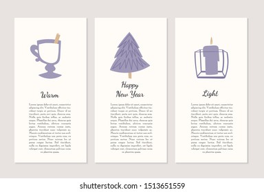 Set of New Year and Christmas cards with text. Hand drawn vector illustration. Scandinavian, Noridc style objects, Hygge lifestyle, minimalistic concept.  Cards for different purposes.