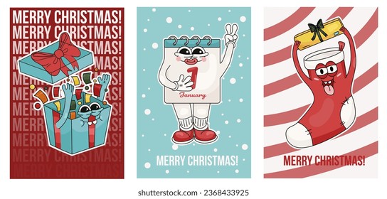 A set of New Year (Christmas) cards with cartoon characters. New Year's stocking, Christmas stocking, gift box, calendar