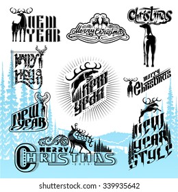 set of new year and christmas different lettering with deers