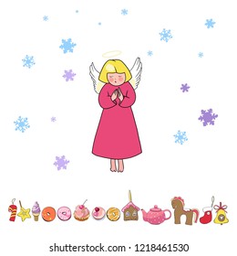 Set of New Year and Christmas drawings in vector, decoration, Christmas decorations, angels, sweets