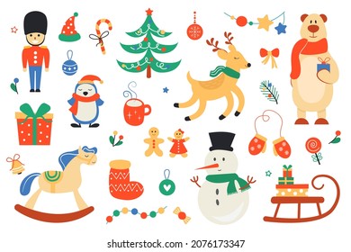 Set of New Year and Christmas elements and cute animals. Vector illustration. Isolated a white background.