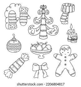Set of New Year and Christmas elements in hand drawn doodle style. Candy, fir tree, mittens, illustrations with holly berries, gifts, Christmas tree.