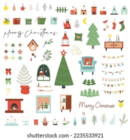 A set of New Year and Christmas elements: Christmas trees, boxes with gifts, houses, garlands, chair, fireplace, window with a landscape, furniture, candlesticks, stars, bows, New Year decorations