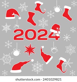 Set of New Year and Christmas elements with Santas hat, socks for gifts and a Christmas star. Silhouettes of snowflakes and decorative toys for the Christmas tree. Vector illustration