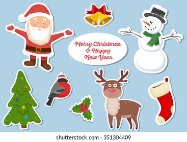 set of new year and christmas elements and objects / winter holidays / santa claus / snowman / bullfinch / christmas deer / holly 