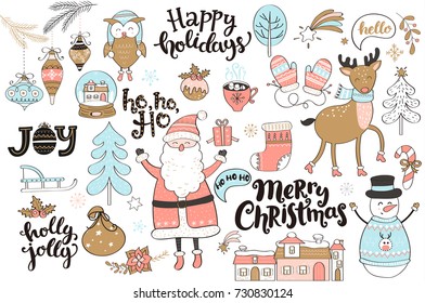 Set of new year and christmas elements. Vector Illustration.