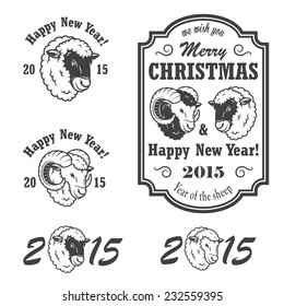 Set of new year and christmas emblems. Monochrom isolated with sheep and ram.