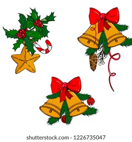 set of New Year and Christmas festive decorative elements hand drawn. Fir branches. bell. star, mistletoe for festive season design.for greeting cards, party invitations, posters, stickers, pin, 