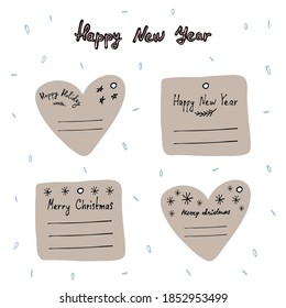 Set of New Year and Christmas gift tags, labels with traditional winter elements. Happy New Year and Merry Christmas. Hand-drawn lettering. Vector. On craft paper. For gifts and designs.