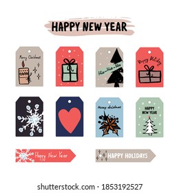Conjunto de etiquetas de regalo de Año Nuevo y Navidad, etiquetas con elementos tradicionales de invierno. Feliz Año Nuevo y Feliz Navidad. Feliz Día de San Valentín.  Letras hechas a mano. Vector. Para regalos y diseños.