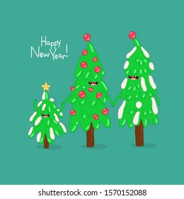 Set New year and Christmas greeting card in vector. Cute cartoon Christmas tree. Chinese symbol 2020 new year. Vector illustration. Hand drawn