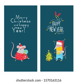 Set New year and Christmas greeting card in vector. Cute cartoon rats, tree, snowman, gift. Chinese symbol 2020 new year. Vector illustration. Hand drawn