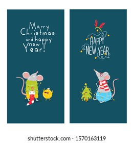Set New year and Christmas greeting card in vector. Cute cartoon rats, tree, snowman, gift. Chinese symbol 2020 new year. Vector illustration. Hand drawn