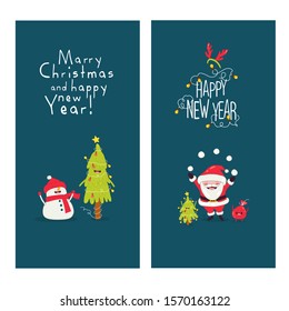 Set New year and Christmas greeting card in vector. Cute cartoon rats, tree, snowman, gift. Chinese symbol 2020 new year. Vector illustration. Hand drawn