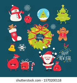 Set New year and Christmas greeting elements in vector. Cute cartoon snowman, Santa, gift, Christmas tree.  Vector illustration.