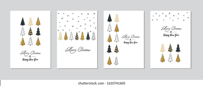 Set New Year and Christmas greeting cards. Flat design black and gold modern christmas tree vector illustrations.

