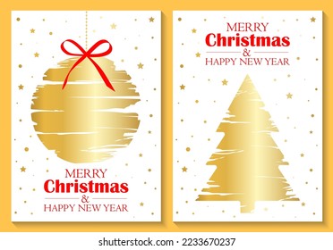 Set of New Year and Christmas greeting cards. Vector silhouettes of Christmas tree and ball in grunge style. Minimal template for banner, poster, cover, layout.