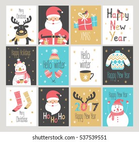 Set of New Year and Christmas greetings cards. Vector illustration