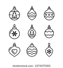 Set of New Year Christmas icons. Collection of vector Christmas tree toys. Design elements for greeting card or invitation.