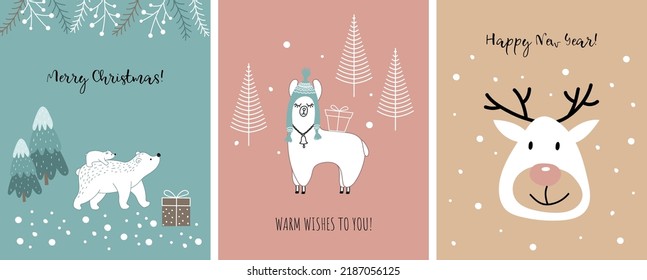 A set of New Year and Christmas illustrations. Minimal design in pastel colors. Suitable for greeting cards, gift bags, posters, packaging. Vector drawn characters: llama, deer, polar bear.