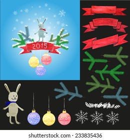 Set of new year, Christmas items in watercolor style. Make your design.