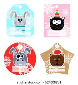 Set of New Year and Christmas labels. Labels with animals on the background of snowflakes. Place on your text or advertisement. Vector illustration.