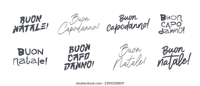 Set of New Year and Christmas lettering in Italian. Buon Capodanno! Buon Natale! Drawn with a brush by hand. Elements for the design of a New Year greeting card. Vector illustration