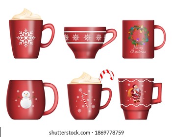 Juego de tazas de Año Nuevo y Navidad. Sillas con diseños de invierno. Mug de café de cacao con zefír. Elementos de diseño navideño. Ilustración del vector