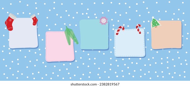 A set of New Year and Christmas notes, stickers on a snowy background for the design of notes. Vector.