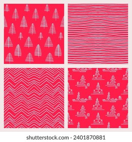 Año Nuevo, patrones de Navidad con abetos. Huella de invierno simple noruega escandinava. Ilustración gráfica minimalista. Patrón de herringbone a rayas con copos de nieve, bolas de nieve.