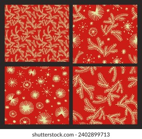 Set of New Year, Christmas patterns with fir trees. Scandinavian Norwegian simple winter print. Minimalistic graphic illustration. Striped herringbone pattern with snowflakes, snowballs.