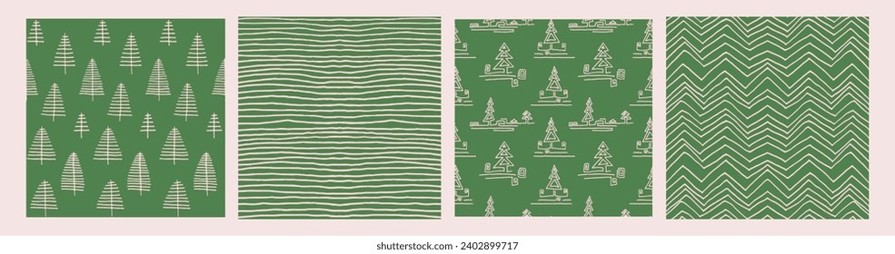 Set of New Year, Christmas patterns with fir trees. Scandinavian Norwegian simple winter print. Minimalistic graphic illustration. Striped herringbone pattern with snowflakes, snowballs.