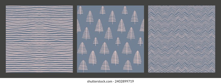 Set of New Year, Christmas patterns with fir trees. Scandinavian Norwegian simple winter print. Minimalistic graphic illustration. Striped herringbone pattern with snowflakes, snowballs.