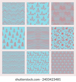 Set of New Year, Christmas patterns with fir trees. Scandinavian Norwegian simple winter print. Minimalistic graphic illustration. Striped herringbone pattern with snowflakes, snowballs.