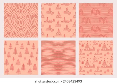 Set of New Year, Christmas patterns with fir trees. Scandinavian Norwegian simple winter print. Minimalistic graphic illustration. Striped herringbone pattern with snowflakes, snowballs.