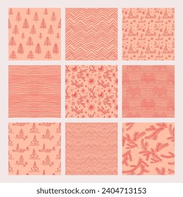 Set of New Year, Christmas patterns with fir trees. Scandinavian Norwegian simple winter print. Minimalistic graphic illustration. Striped herringbone pattern with snowflakes, snowballs.