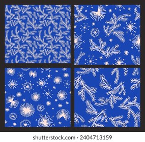 Año Nuevo, patrones de Navidad con abetos. Huella de invierno simple noruega escandinava. Ilustración gráfica minimalista. Patrón de herringbone a rayas con copos de nieve, bolas de nieve.