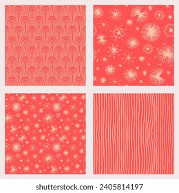 Set of New Year, Christmas patterns with fir trees. Scandinavian Norwegian simple winter print. Minimalistic graphic illustration. Striped herringbone pattern with snowflakes, snowballs.