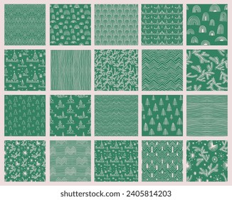 Set of New Year, Christmas patterns with fir trees. Scandinavian Norwegian simple winter print. Minimalistic graphic illustration. Striped herringbone pattern with snowflakes, snowballs.