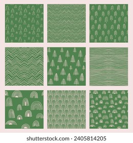 Año Nuevo, patrones de Navidad con abetos. Huella de invierno simple noruega escandinava. Ilustración gráfica minimalista. Patrón de herringbone a rayas con copos de nieve, bolas de nieve.