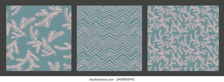 Set of New Year, Christmas patterns with fir trees. Scandinavian Norwegian simple winter print. Minimalistic graphic illustration. Striped herringbone pattern with snowflakes, snowballs.